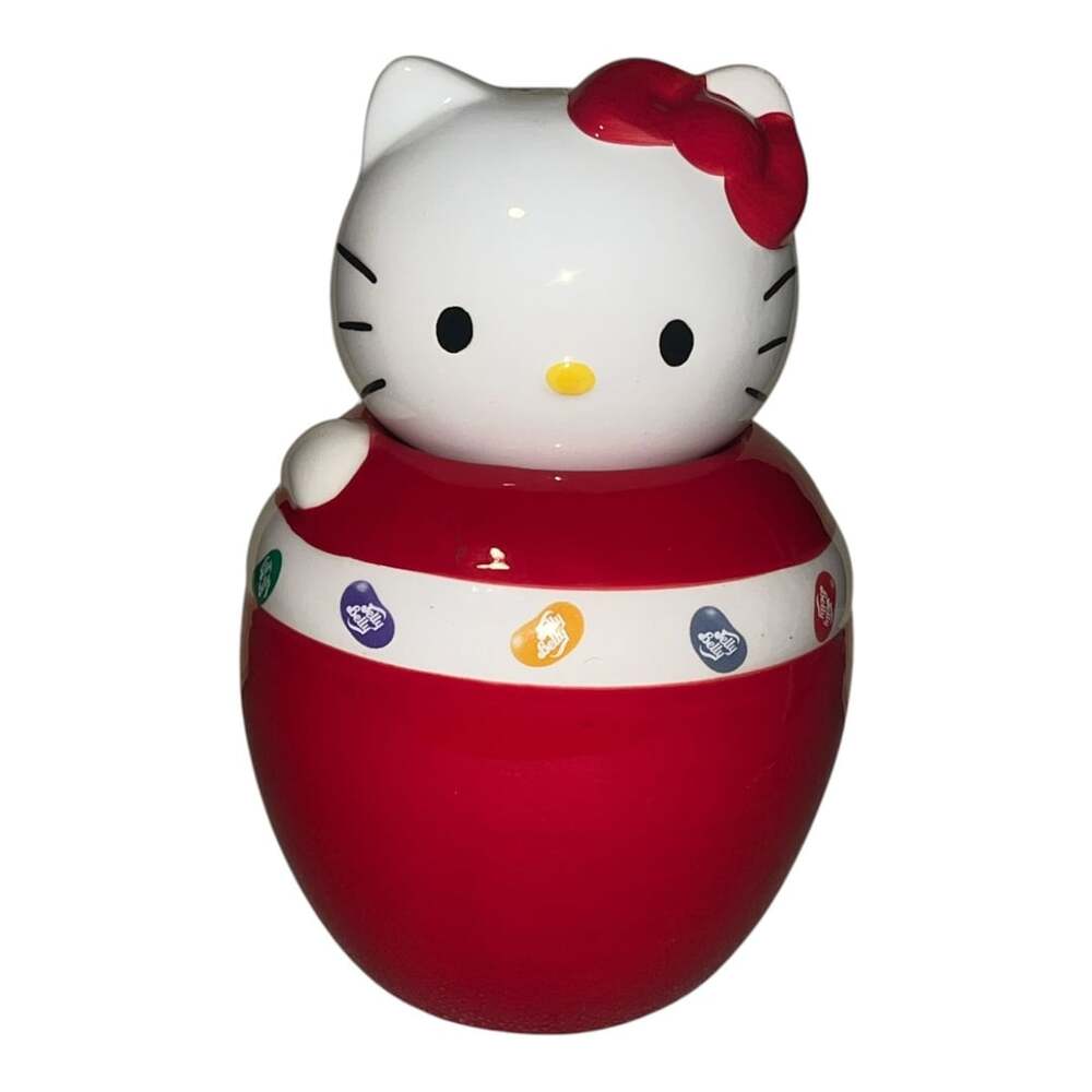 Hello Kitty Jelly Belly Candy Jar Red White 7.5" Tall 2010 Sanrio Ceramic